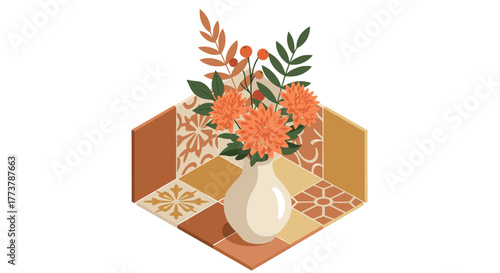 Autumn floral arrangement in geometric vase on hexagonal tile pattern