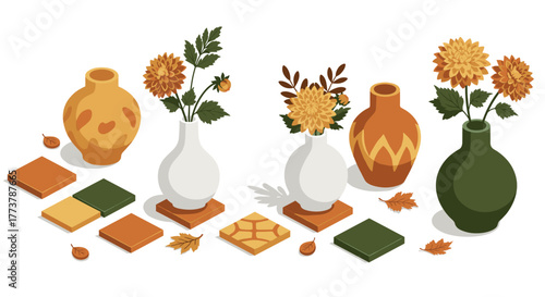 Autumn floral arrangements in vases with geometric designs and leaves
