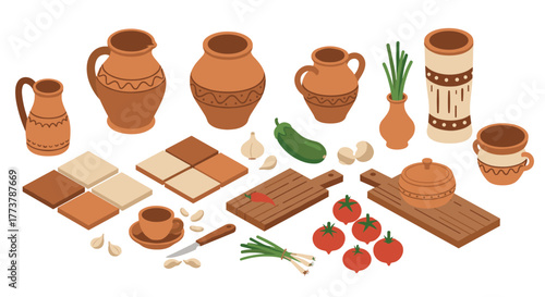 Isometric pottery and kitchen elements with vegetables and herbs on wooden boards