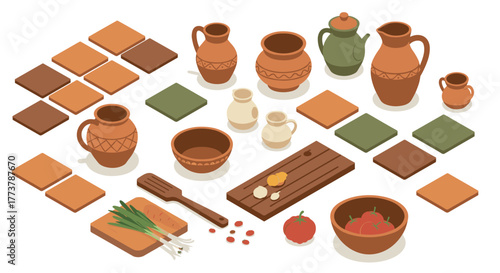 Isometric rustic kitchenware arrangement with clay pottery and tile background