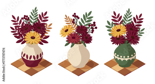 Floral arrangements in decorative vases on plaid mats: isometric boho style