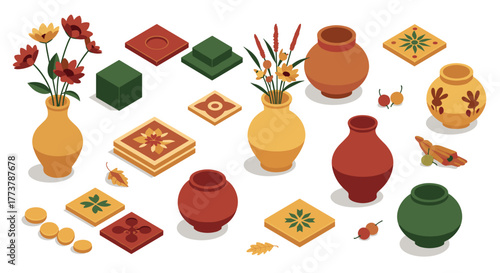 Colorful isometric autumn themed pottery and tiles with floral designs