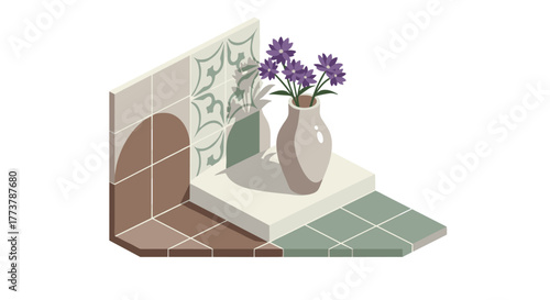 Elegant floral vase on geometric tile pattern in isometric design