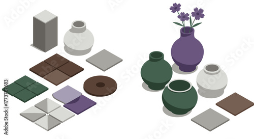 Isometric ceramic vases and tiles arrangement with floral touch
