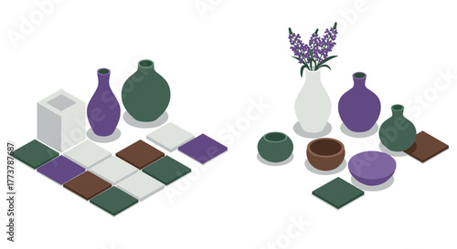 Isometric ceramic vases and tiles with lavender arrangement