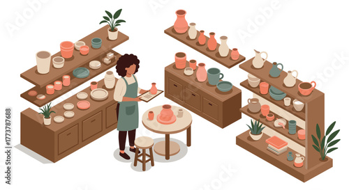 Creative pottery studio with artisan crafting ceramics in isometric style