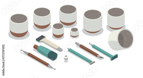 Isometric pottery and sculpting tools set for creative crafts and art design