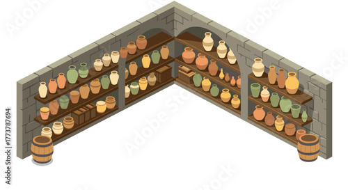 Isometric pottery display with clay vases and jars on wooden shelves