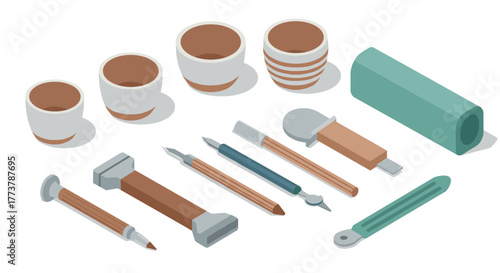 Isometric pottery tools and clay display with modern flat design