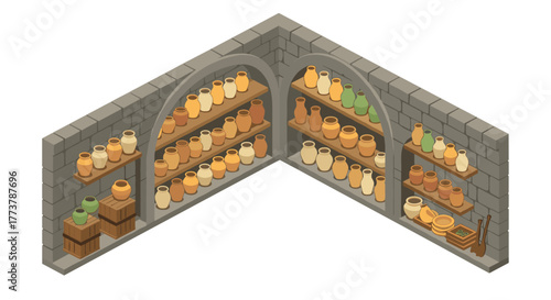 Isometric ancient pottery storage with earthenware on stone shelves