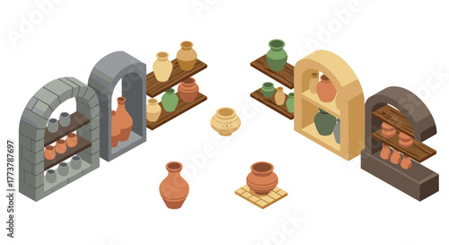 Isometric ceramic shelves display with colorful pottery