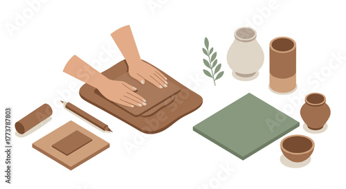 Isometric pottery crafting scene with clay and tools