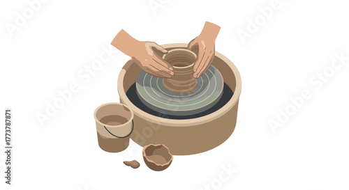 Pottery crafting scene with hands shaping clay on ceramic wheel