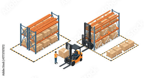 Warehouse logistics with forklift and storage racks in isometric style
