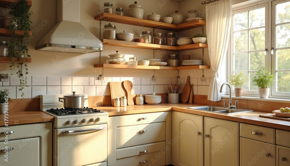 Fototapeta premium Cozy kitchen interior features vintage appliances, open shelves with jars, cookware, sink by window. Sunlight streams in, illuminating warm wood, cream cabinets. Space evokes comfort, homey cooking.