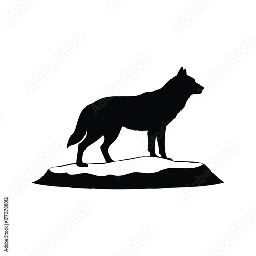 A Silhouette of a Majestic Wolf Standing on a Mound, Isolated on White, wolf alert in snow silhouette vector illustration