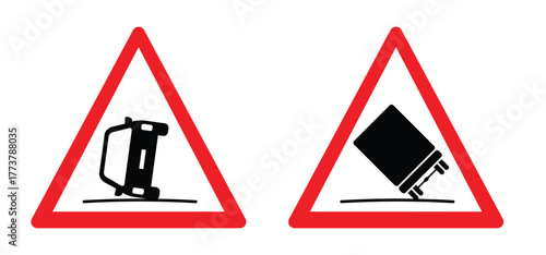 Overturned truck or car signbord. Warning sign for a truck or car that is about to roll over. Crosswind hazard. Cars are at risk of overturning on a windy road. Danger of an accident. Car flips over.
