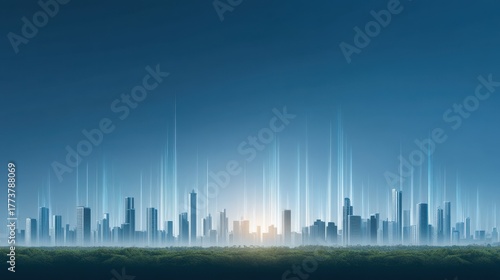 Futuristic skyline with glowing buildings and bright horizon line at dusk.