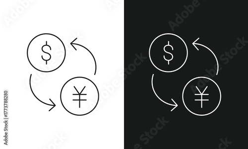 Currency Exchange Icon for US Dollar ($) and Japanese Yen Chinese Yuan (¥), Symbolizing International Money Transfer, Forex Trading, and Financial Transactions.