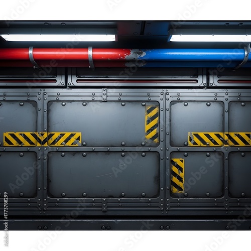 Futuristic Industrial Metal Wall with Red and Blue Pipes, Fluorescent Lights, and Hazard Stripes