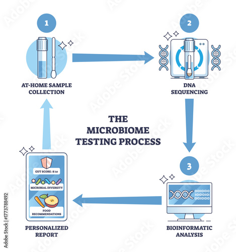 Microbiome testing process diagram showing the brief flow from at-home sample kit to DNA sequencing and bioinformatic report, key objects, sample tube, sequencer, computer. Outline diagram