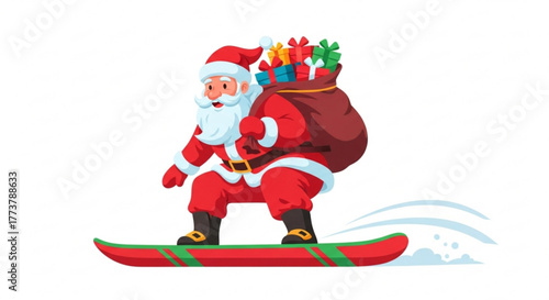 Santa Claus snowboarding with gift bag during winter holidays  