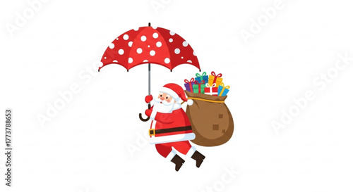 Santa Claus holding an umbrella with gifts in a sack for Christmas  