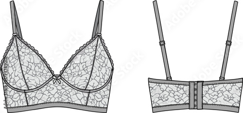 Lace bra technical drawing front and back view, lingerie fashion sketch, intimate apparel design, underwire support, garment flat illustration, lace detail