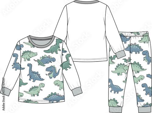 Children’s dinosaur pajama set flat sketch, kids sleepwear design with cartoon dinosaur print, long sleeve top and pants illustration template