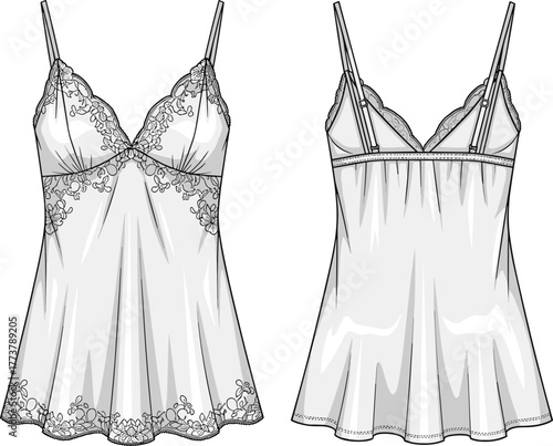 Women’s lace babydoll nightgown technical drawing front and back view, lingerie fashion sketch, intimate apparel design, garment flat illustration, lace detail