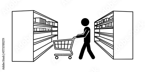 Stickman Pushing a Shopping Cart Between Store Shelves in a Minimal Supermarket Scene.