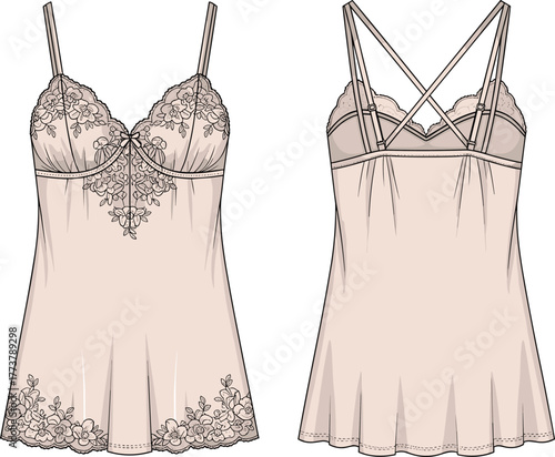 Women’s lace babydoll lingerie technical drawing front and back view, intimate apparel fashion sketch, garment flat illustration, lace detail, nightwear design