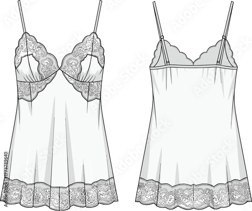 Women’s lingerie slip dress technical drawing front and back view, lace trim fashion sketch, intimate apparel design, garment flat illustration