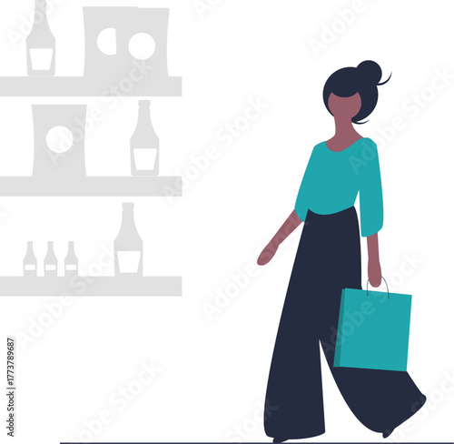 Modern illustration of a person shopping for groceries featuring a shopping cart filled with fresh produce and food items perfect for healthy eating and e commerce themes