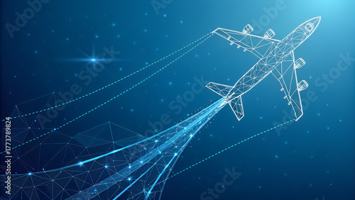 Abstract fighter jet. Digital military supersonic airplane. Technology innovation speed concept. Abstract wireframe aircraft consist of connected dots. Tech background. Vector futuristic illustration.