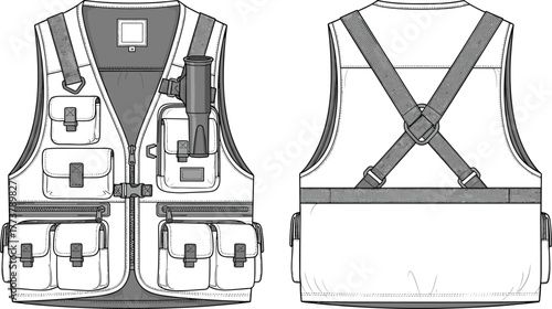 Utility vest technical drawing front and back view, outdoor tactical gear, multi pocket design, fashion flat sketch, apparel garment illustration