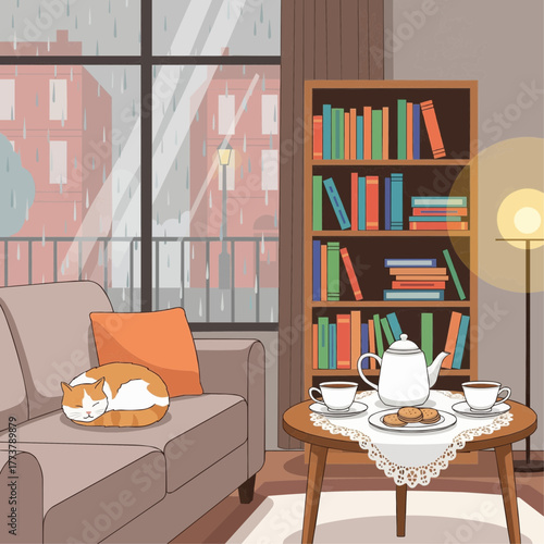 home interior, tea set, books, cat on sofa, rainy window view