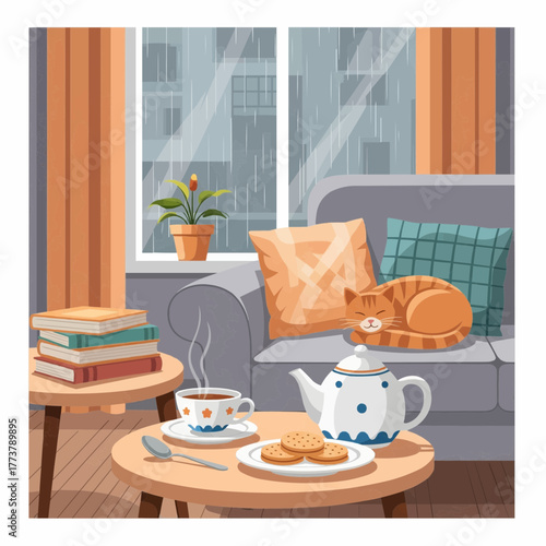 home interior, tea set, books, cat on sofa, rainy window view