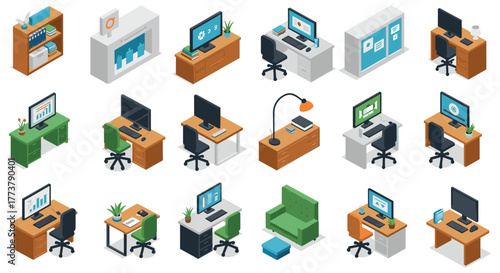 Isometric office workspaces with modern desks and technology
