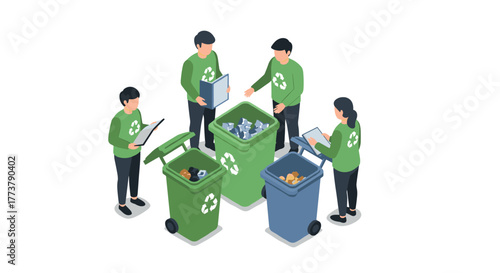 Isometric team organizing recycling bins with papers and waste management effort