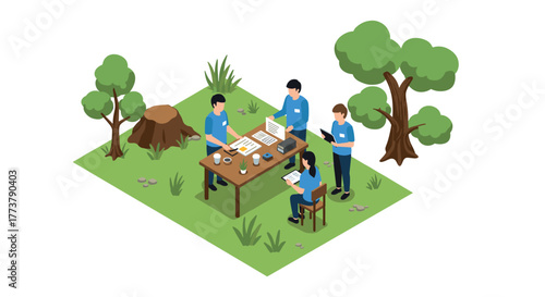 Team collaboration in forest setting: isometric office outdoors with trees and laptops