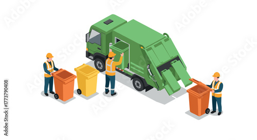 Waste management team collecting garbage with recycling truck in isometric style