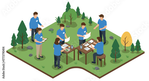 Collaborative team meeting in outdoor isometric workspace setting