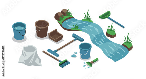 Isometric river cleanup tools: buckets, brooms, and water in a nature conservation scene