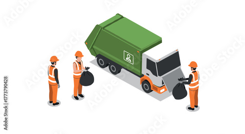 Isometric garbage collection scene with workers and truck on white background