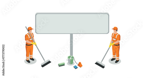 Isometric road workers with cleaning tools and blank sign for custom messages