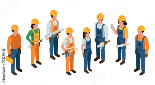 Construction workers in uniform with tools in isometric style