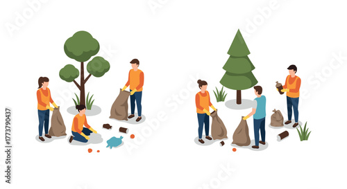 Community volunteers cleaning park litter in isometric style