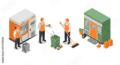 Sanitation workers in isometric style with equipment for urban cleaning