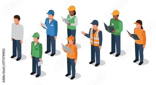 Diverse group of construction workers analyzing blueprints in isometric design